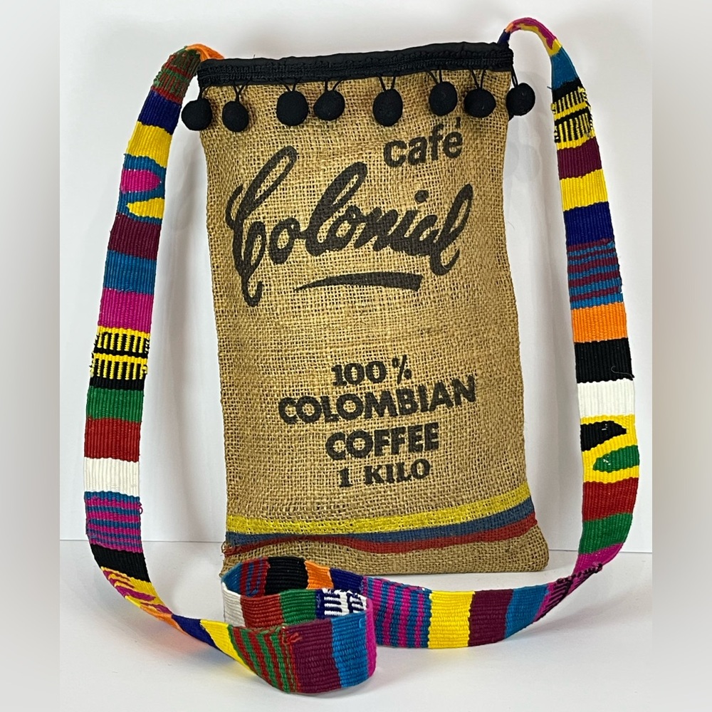 Vintage upcycled Colombian coffee burlap crossbody bag - Picture 3 of 5